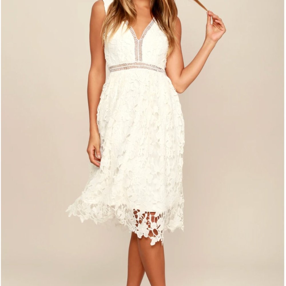 Beloved Bloom Ivory White Lace Midi Dress